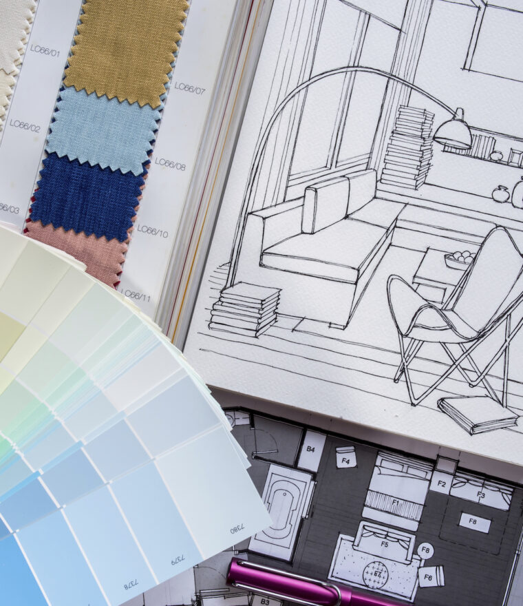Colour swatches and interior design sketches
