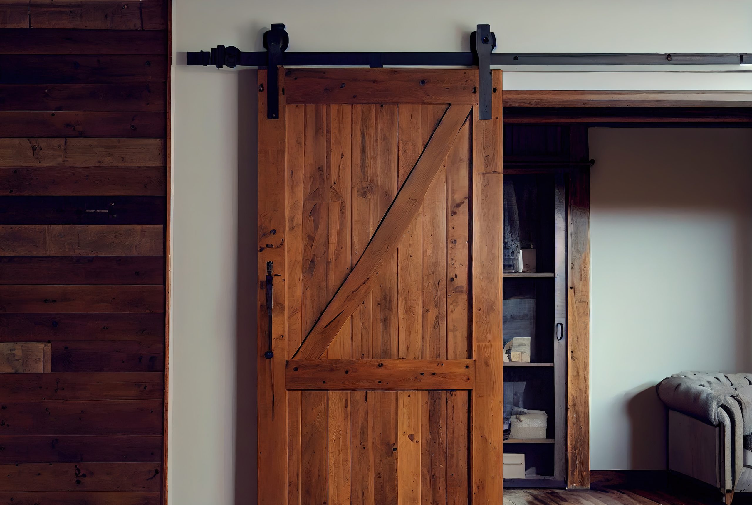 Dark wooden barn door for interior space